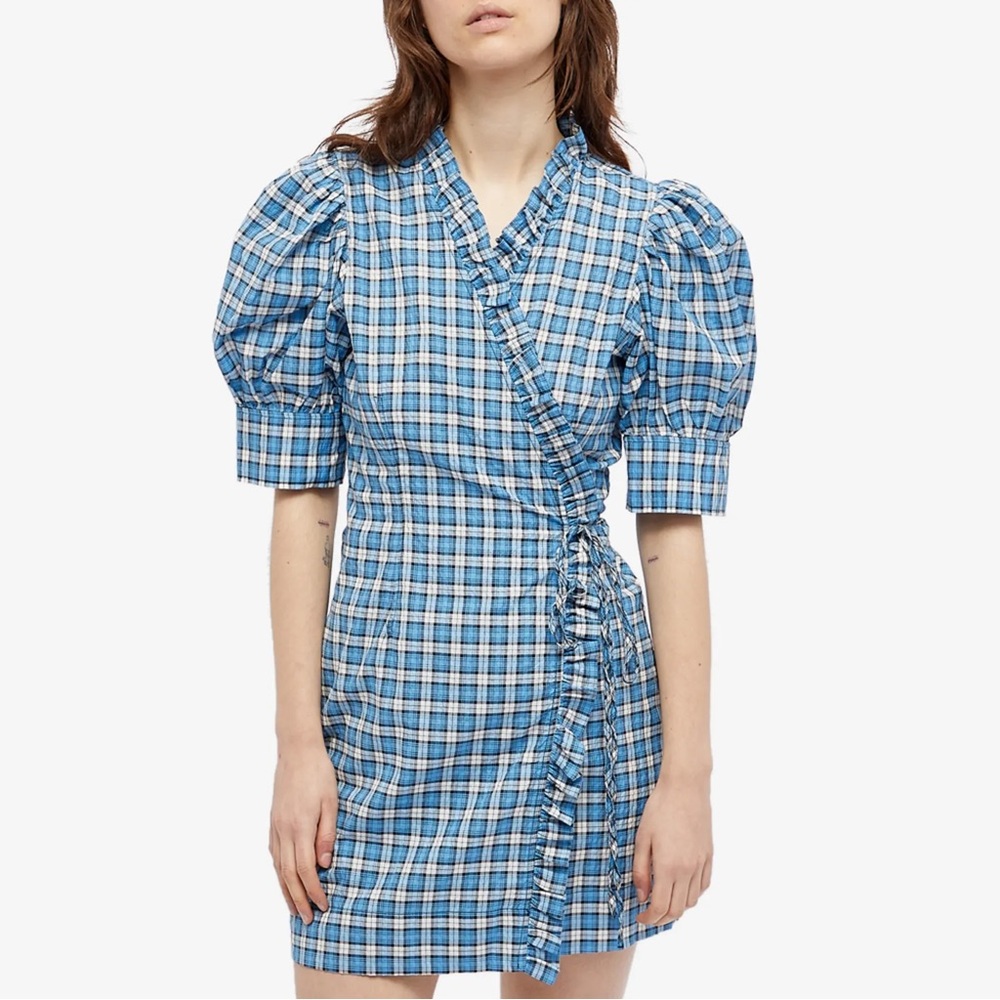 GANNI Seersucker Check Wrap Front Mini Dress EU36/US4